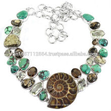 Natural Ammonita Turritella Pyrite Turquesa Verde Amethyst &amp; Smoky Quartz Gemstone Con Plata 925 Collar hecho a mano